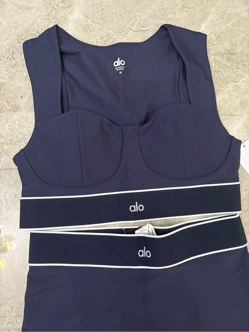 ALO Yoga Navy Sports Bra with White Trim